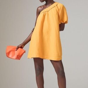 By Anthropologie One-Shoulder Waistless Mini Dress Linen Blend Mango Orange XXSP